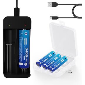 18650 Rechargeable Battery Charger Set, 3.7V Button Top Lithium ion Rechargeable Battery for Flashlight Headlamp (4Batteries+ Rechargeable Charger Set)
