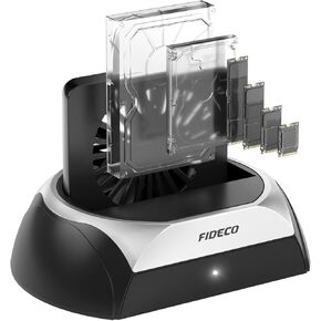 FIDECO Hard Drive Docking Station, M.2 NVME SSD Docking Station with Cooling Fan, Support 2.5 and 3.5 inch SATA HDD SSD, and M.2 NVME SATA SSD, Ultimate Heat Dissipation