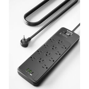 Surge Protector Power Strip 5FT(4080J), PLUGTUL Surge Protector with 12 Outlets - Spacious Design for Large Plugs, Flat Plug, 20W USB C Charging for Home, Office, ETL Listed