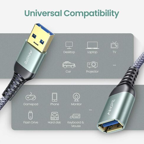 AINOPE USB Extension Cable 10FT USB 3.0 Extender Male to Female Cord Grey | 5Gbps High Data Transfer for Printer Webcam Flash Drive Hard Drive Hub Keyboard Mouse Camera Playstation Xbox and More in Saudi Arabia