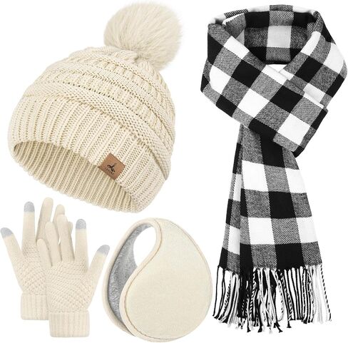 قفازات وشاح قبعة الشتاء وتدفئة الأذن، قبعة صغيرة دافئة متماسكة قفازات شاشة اللمس طويلة محبوكة منقوشة وشاح مجموعة هدايا للنساء in Kuwait