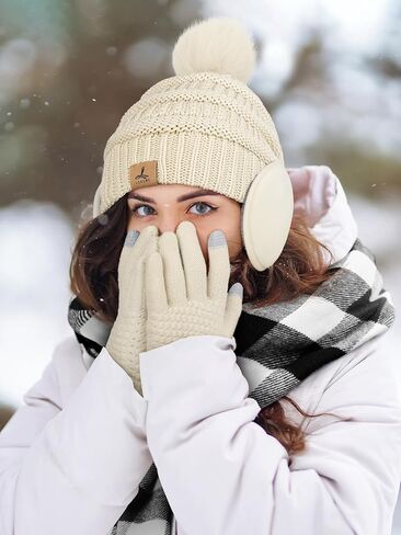 قفازات وشاح قبعة الشتاء وتدفئة الأذن، قبعة صغيرة دافئة متماسكة قفازات شاشة اللمس طويلة محبوكة منقوشة وشاح مجموعة هدايا للنساء in Kuwait