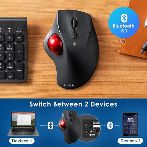 SANWA Bluetooth Wireless Ergonomic Trackball Mouse, Optical Rollerball Mice, Programmable Silent Buttons, 40mm Trackball, 600/800/1200/1600 DPI, Compatible with MacBook, Laptop, Windows, macOS in Kuwait