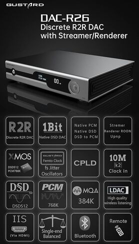 Gustard R26 منفصل R2R DAC - R2R + 1Bit XMOS DSD512 PCM768 كيلو هرتز LDAC متوازن K2 ساعة فك ترميز مع جهاز تحكم عن بعد (أسود) in Kuwait