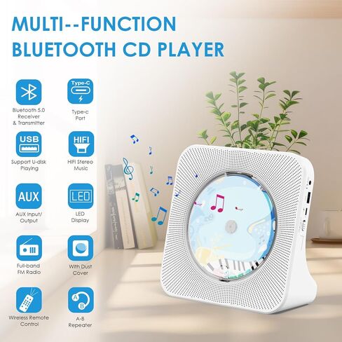 CD Player Bluetooth CD Players for Home Desktop CD Player with Speakers Dual Bluetooth Portable CD Player Bluetooth with LED Screen AUX Port FM Radio USB Port IR Remote Control (White) in Saudi Arabia