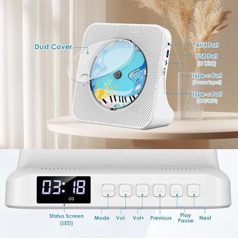 CD Player Bluetooth CD Players for Home Desktop CD Player with Speakers Dual Bluetooth Portable CD Player Bluetooth with LED Screen AUX Port FM Radio USB Port IR Remote Control (White) in Saudi Arabia