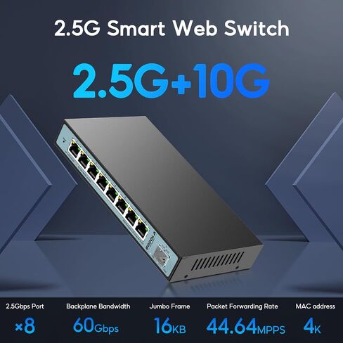 9 Port 2.5Gb Smart Web Ethernet Switch,1 10G SFP Slot&8 x 2.5G Base-T Ports,Link Aggregation, LACP/QoS/VLAN/IGMP Supported, Metal Fanless Managed Multi-Gigabit Switch in Saudi Arabia