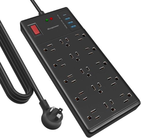 Surge Protector Power Strip 10 ft cord-15 Widely Spaced Outlets and 4 USB Ports(1 USB C Port),14 AWG Extension Cord,1875W/15A Heavy Duty Power Strip Surge Protector 10 ft Cord,2800J,Black in Kuwait