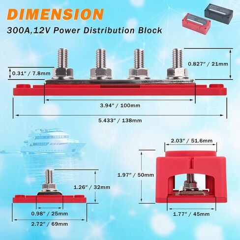 300A Heavy Duty Module Bus BAR Block with 4 x 5/16" (M8) Battery Terminal | 12V 24V 48V DC Power Distribution Block , with Battery Terminal Distribution Block Marine Bus Bar (Black & Red) in Saudi Arabia