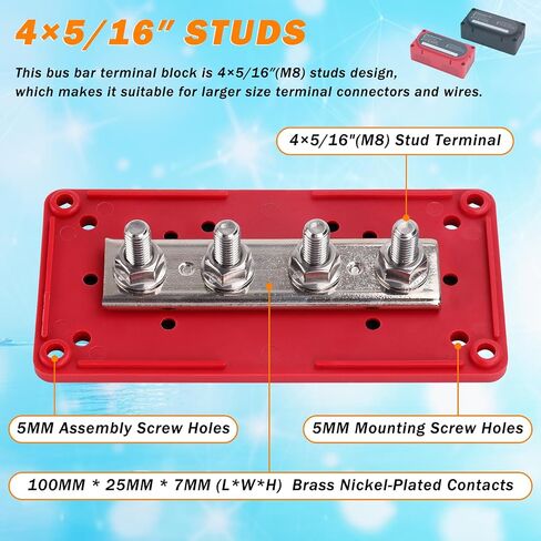 300A Heavy Duty Module Bus BAR Block with 4 x 5/16" (M8) Battery Terminal | 12V 24V 48V DC Power Distribution Block , with Battery Terminal Distribution Block Marine Bus Bar (Black & Red) in Saudi Arabia