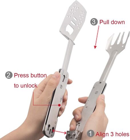 ROXON 4 in 1 Mini Folding BBQ Barbecue Combo Tool Set with Spatula, Fork, Tongs and Bottle Opener for Hiking Camping (Grey) in Saudi Arabia