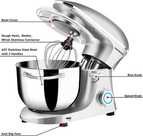 Seedeem Stand Mixer, 6Qt Electric Food Mixer, 660W 6-Speeds Tilt-Head Dough Mixers with Dishwasher-Safe Dough Hook, Wire Whip & Beater for Daily Use, Black in Kuwait