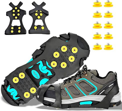Ice Cleats for Shoes and Boots, Ice Snow Traction Cleats Grippers, Non Slip Shoe Ice Grippers,10 Steel Rubber Spikes Crampons Anti Easy Slip Studs Crampons Slip-on Stretch Footwear in Kuwait