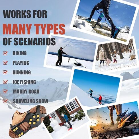 Ice Cleats for Shoes and Boots, Ice Snow Traction Cleats Grippers, Non Slip Shoe Ice Grippers,10 Steel Rubber Spikes Crampons Anti Easy Slip Studs Crampons Slip-on Stretch Footwear in Kuwait