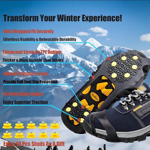Ice Cleats for Shoes and Boots, Ice Snow Traction Cleats Grippers, Non Slip Shoe Ice Grippers,10 Steel Rubber Spikes Crampons Anti Easy Slip Studs Crampons Slip-on Stretch Footwear in Kuwait