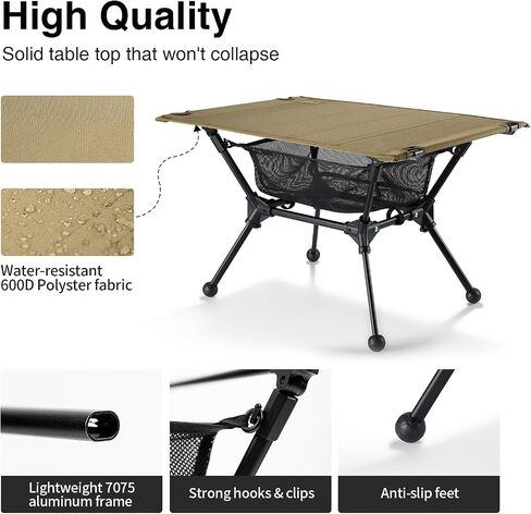 OneTigris Dipper Camping Table, Lightweight Portable Folding Table with Mesh Storage Net, High/Low Options, Ideal for Camping, Hiking, Tailgating, Beach, Picnic, Travel, Backyard in Kuwait