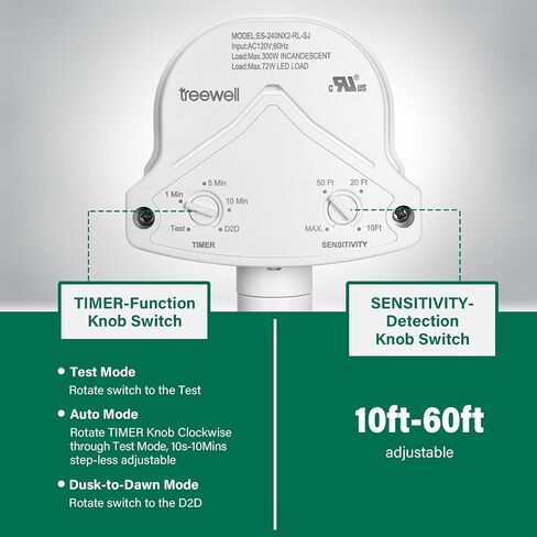 240-Degree Replacement Motion Detector, Adjustable Time & Detection Sensitivity Up to 60 Feet Range, 3 Working Modes Pir Motion Sensor for Security Floodlight, White, UL Listed in Saudi Arabia