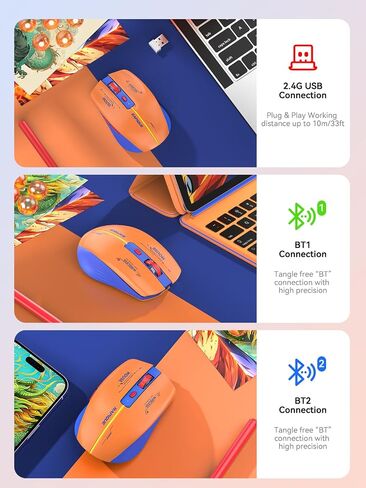 RAPIQUE Bluetooth Wireless Mouse - (BT1/BT2+USB) Tri-Mode High Performance, Rechargeable, Multi-Device Compatible with PC/Laptop/Computer/MacBook/iPad Air Pro (Blue and White) | 3-Device Switching, USB-C Rechargeable, Quiet Clicks, 800/1200/1600 DPI, 6 Bu in Kuwait
