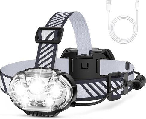 Rechargeable Headlamp, 20000 High Lumen Bright 5 LED Head Lamp with Red White Light, IPX4 Waterproof Headlight,8 Mode Head Flashlight for Outdoor Running Hunting Fishing Hiking Camping Gear in Saudi Arabia