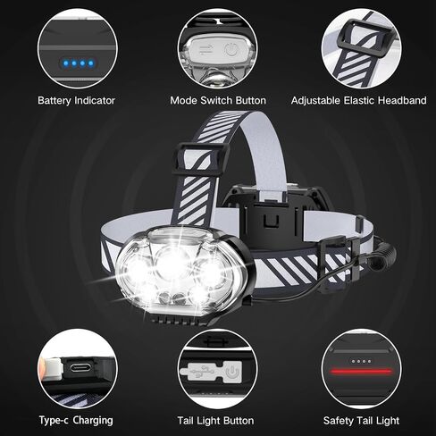 Rechargeable Headlamp, 20000 High Lumen Bright 5 LED Head Lamp with Red White Light, IPX4 Waterproof Headlight,8 Mode Head Flashlight for Outdoor Running Hunting Fishing Hiking Camping Gear in Saudi Arabia