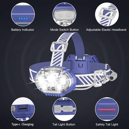 Rechargeable Headlamp, 20000 High Lumen Bright 5 LED Head Lamp with Red White Light, IPX4 Waterproof Headlight,8 Mode Head Flashlight for Outdoor Running Hunting Fishing Hiking Camping Gear in Saudi Arabia