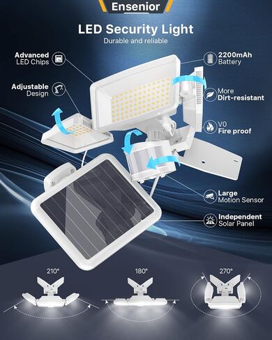 Ensenior 5 Motion Sensor Modes Solar Security Light, 1800LM 270° Wide Angle 3 Heads LED Flood Lights, IP65 Waterproof Wall Lights, Separate Solar Panel Remote Control Solar Lights Outdoor in Saudi Arabia