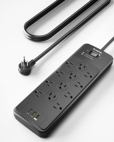 PLUGTUL Surge Protector Power Strip 5FT | Black Surge Protector with 12 Outlets - Spacious Design for Large Plugs, Flat Plug, 4080J, 20W USB C Charging, ETL Listed in Saudi Arabia