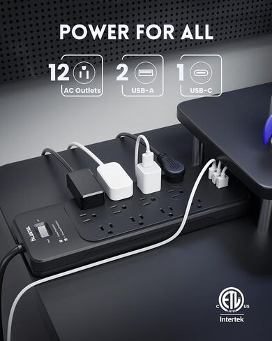 PLUGTUL Surge Protector Power Strip 5FT | Black Surge Protector with 12 Outlets - Spacious Design for Large Plugs, Flat Plug, 4080J, 20W USB C Charging, ETL Listed in Saudi Arabia