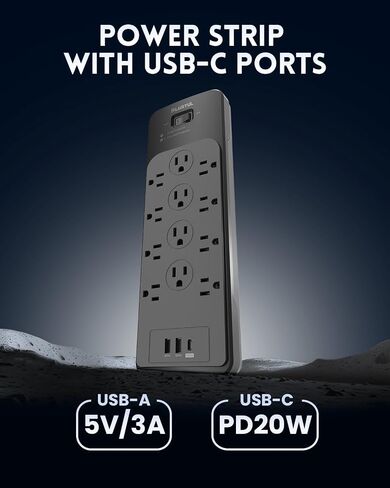 PLUGTUL Surge Protector Power Strip 5FT | Black Surge Protector with 12 Outlets - Spacious Design for Large Plugs, Flat Plug, 4080J, 20W USB C Charging, ETL Listed in Saudi Arabia