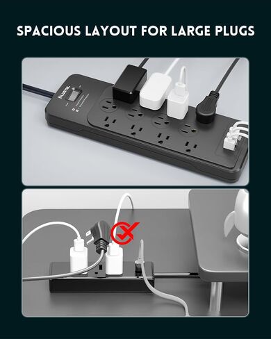 PLUGTUL Surge Protector Power Strip 5FT | Black Surge Protector with 12 Outlets - Spacious Design for Large Plugs, Flat Plug, 4080J, 20W USB C Charging, ETL Listed in Saudi Arabia