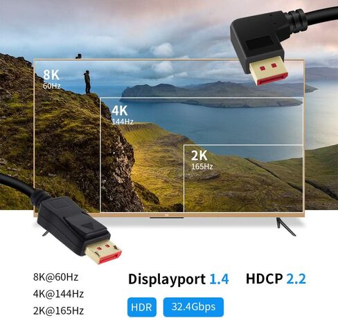 8K @ 60 هرتز 90 درجة زاوية DP 1.4 كابل ذكر إلى ذكر منفذ عرض الزاوية اليمنى 1.4 كابل يدعم 8K @ 60 هرتز، 4K @ 144 هرتز، 1080P @ 240 هرتز 6FT/1.8M in Kuwait