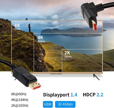 8K @ 60 هرتز 90 درجة زاوية DP 1.4 كابل ذكر إلى ذكر منفذ عرض الزاوية اليمنى 1.4 كابل يدعم 8K @ 60 هرتز، 4K @ 144 هرتز، 1080P @ 240 هرتز 6FT/1.8M in Kuwait