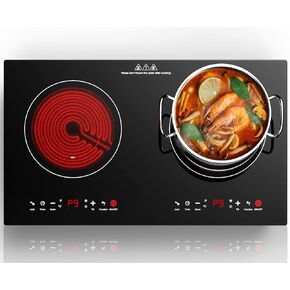 Electric Cooktop 24 Inch,Electric Stove 2 Burners 110V Built-in and Countertop Plug in 2400w,LED Touch Screen,9 Heating 9 Temperature,Overheat Protection,Kids Lock & Timer,Suitable for all Pans