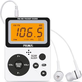 PRUNUS Pocket AM FM Radio Portable with Stereo Earphone, Battery Operated Radio by 2 AAA, Manual Preset, Large Screen, Lock Key Walkman Radio, Sleep Timer, Mini Radio, Digital Radio J-159(No Speaker)