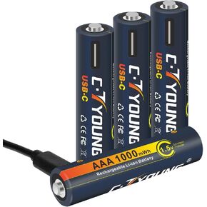 AAA Rechargeable Battery USB Lithium Triple A Size 1.5v with Charge Cable 4 in 1 Fast Charging 60Mins High Performance 1100mWh for Remote Toys (4 Packs)