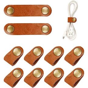10 Pcs Cord Organizer, Portable Earphone Cord holder Winder keeper, Leather Cable Cord USB Straps, Earphone Winder with Leather Handmade, Stocking Stuffers for Men (Brown/white)