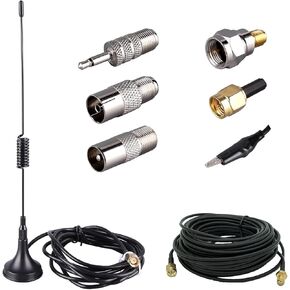 75 ohm FM Antenna, Outdoor FM Antenna WiFi Stereo TV Antenna Indoor, 1.5m SMA-Male Connector Magnetic Transmitter Antenna Cable, 16.4Ft Antenna Extension Cable with 6pcs Antenna Adapter