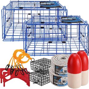 2 Packs Pacific Folding Crab Trap 24''x24''x12'' Kit, with Crab Bait Cage, Gauge Measure, Trap Harness, 5/16" Dia-100’ Leaded Core Rope with 12.8’’x5.5’’ Red/White Float Buoy for Dungeness