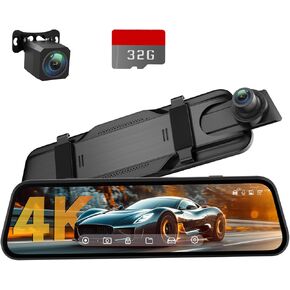 4K Rear View Mirror Camera, 10'' Mirror Dash Cam with 1080P Rear Camera, Dash Cam Front and Rear for Car with Voice Control, 24H Parking Mode, Night Vision, 32GB SD Card Included