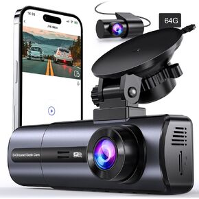 3 Channel 4K WiFi Dash Cam, 4K/2.5K+1080P+1080P Front Inside and Rear, Triple Dash Camera with 64GB Card, APP Control, G-Sensor, 24 Hours Parking Mode, Loop Recording, Night Vision