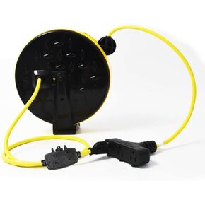 30 Ft Retractable Extension Cord Reel, 16/3 SJTW Power Cord with 3 Electrical Outlets and 10 Amp Circuit Breaker, Ceiling or Wall Mount, Metal Plate, UL Listed, Grey