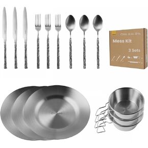 Outisan Mess Kit for Camping and Picnic - Premium 3-Person 15-Piece Camping Utensils Set with Signature Sierra Cups, Camping Plates and Utensils
