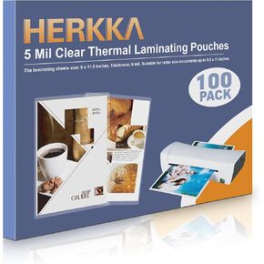 HERKKA 100 Pack Laminating Sheets, Holds 8.5 x 11 Inch Sheets, 5Mil Clear Thermal Laminating Pouches 9 x 11.5 Inch Lamination Sheet Paper for Laminator, Round Corner Letter Size