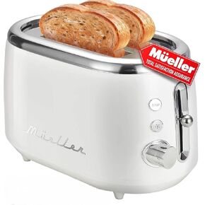 Mueller Retro Toaster 2 Slice with 7 Browning Levels and 3 Functions: Reheat, Defrost & Cancel, Stainless Steel Features, Removable Crumb Tray, Under Base Cord Storage, White