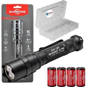 SureFire E2D Defender Ultra (E2DLU-A) 1000 Lumens Dual-Output Tactical Flashlight LED - Bundle with 4 Extra CR123A Batteries and Battery Case - Tailcap Click Switch Light, EDC Defense Flashlights