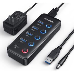Powered USB 3.0 Hub, Wenter 5-Port USB Hub Splitter (4 Faster Data Transfer Ports+ 1 Type-C Charging Ports) with Individual LED On/Off Switches, USB Hub 3.0 Powered with Power Adapter for Mac, PC