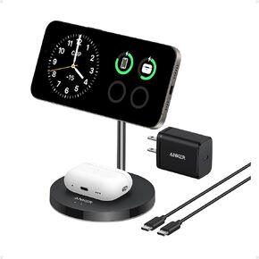 Anker MagSafe Compatible MagGo Charger Stand, iPhone 16 Wireless Charger, 2-in-1 Charging Station, Qi2 Certified 15W Max Charging, for iPhone 16/15/14/13/12, AirPods Pro (40W USB-C Adapter Included)