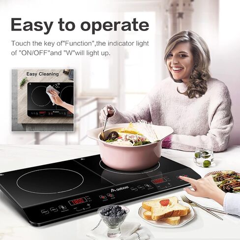 Aobosi Double Induction Cooktop Burner with 240 Mins Timer, 1800w 2 Induction Burner with 10 Temperature 9 Power Settings, Portable Dual Induction Cooker Cooktop with Touch Sensor Control & Child Safety Lock in Saudi Arabia
