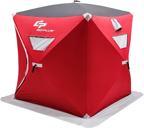 Goplus 2-4 People Ice Fishing Shelter, Pop-up Portable Ice Fishing Tent with Carrying Bag, Windows, Zippered Door, Ground Nail and Wind Rope, Insulated Ice Shanty House for Winter Fishing, Red in Saudi Arabia
