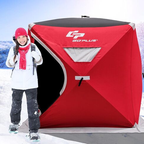 Goplus 2-4 People Ice Fishing Shelter, Pop-up Portable Ice Fishing Tent with Carrying Bag, Windows, Zippered Door, Ground Nail and Wind Rope, Insulated Ice Shanty House for Winter Fishing, Red in Saudi Arabia
